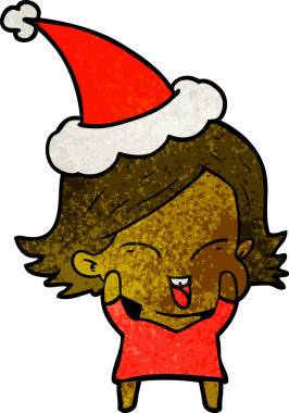 Bir insan tarafından çizilmiş Noel Baba şapkası giyen bir kızın çizilmiş mutlu el çizimi karikatürü.