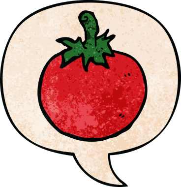 bir insan tarafından çizilmiş eski dokuma tarzında konuşma baloncuklu domates.