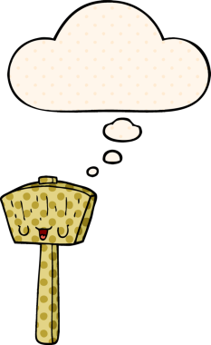 Çizgi roman tarzında bir insan tarafından çizilmiş düşünce baloncuğu olan karton çekiç.