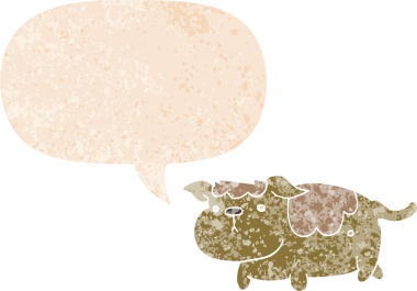 Bir insan tarafından çizilmiş grunge dertli retro tarzı konuşma baloncuğu ile çizgi film köpeği