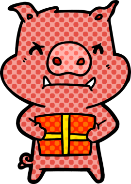 Bir insan tarafından çizilmiş Noel hediyeli kızgın çizgi film domuzu.