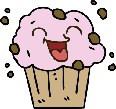 Bir insan tarafından çizilmiş garip, mutlu bir kek.