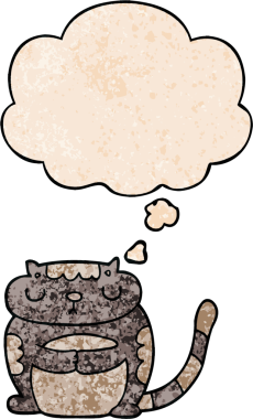 Bir insan tarafından çizilmiş grunge doku tarzında düşünce baloncuğu olan sevimli çizgi film kedisi.