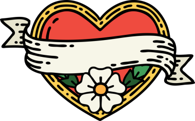 Geleneksel kalp şeklinde dövme ve bir insan tarafından çizilmiş çiçekli pankart.