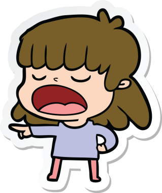 Bir insan tarafından çizilmiş yüksek sesle konuşan bir karikatür kadının çıkartması.