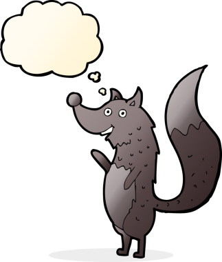 Bir insan tarafından çizilmiş düşünce balonlu bir kurt sallayan çizgi film.