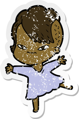 Hipster saç kesimi bir insan tarafından çizilmiş tatlı bir çizgi film kızına ait sıkıntılı bir etiket.