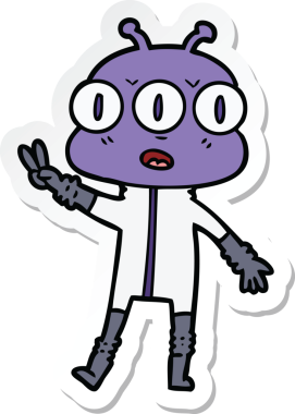 Bir karikatür çıkartması. Bir insan tarafından çizilmiş üç gözlü uzaylı.