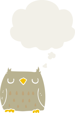 Bir insan tarafından çizilmiş düşünce baloncuğu olan sevimli çizgi film baykuşu.