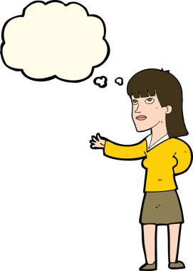 Bir insan tarafından çizilen düşünce baloncuğuyla açıklayan çizgi film kadını.