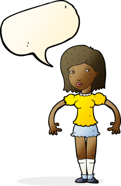 Bir insan tarafından çizilmiş konuşma baloncuğuyla yan bakan çizgi film kadını.