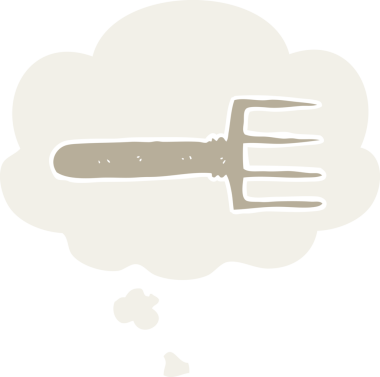 Düşünce baloncuklu çizgi film çatalı insan tarafından çizilmiş.