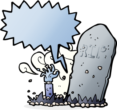 Bir insan tarafından çizilmiş konuşma baloncuğuyla mezardan yükselen bir zombi çizgi filmi.