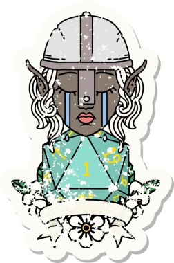 Retro Dövme Tarzı Ağlayan Elf Savaşçısı karakteri yüzü ve bir insan tarafından çizilmiş D20 rulosu.