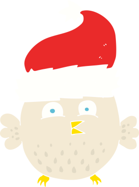 Bir insan tarafından çizilmiş Noel şapkası takan baykuşun düz renk çizimi