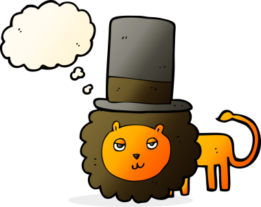 Bir insan tarafından çizilmiş düşünce baloncuğu olan silindir şapkalı bir aslan.