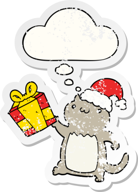 Düşünce baloncuğu olan şirin bir çizgi roman kedisi insan tarafından çizilmiş yıpranmış bir çıkartma.