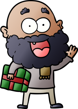 Bir insan tarafından çizilmiş sakallı ve hediyeli çılgın bir çizgi film.