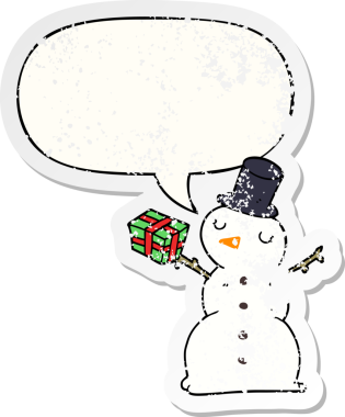 Konuşma baloncuğu olan kardan adam bir insan tarafından çizilmiş sıkıntılı eski bir çıkartma