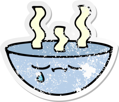 Bir insan tarafından çizilmiş sıcak çorba kasesinin hüzünlü çıkartması.