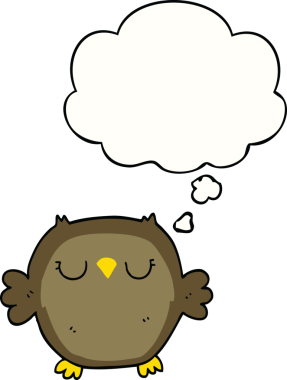 Bir insan tarafından çizilmiş düşünce baloncuklu çizgi film baykuşu