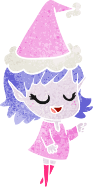 Mutlu el çizimi, bir insan tarafından çizilmiş Noel Baba şapkası takan bir elf kızı.