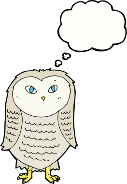 Bir insan tarafından çizilmiş düşünce baloncuklu çizgi film baykuşu