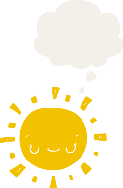 Düşünce baloncuklu karikatür güneşi bir insan tarafından çizilmiş.