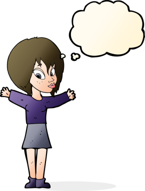 Bir insan tarafından çizilmiş düşünce balonlu açık kollu çizgi film kadını.