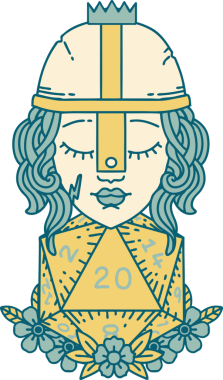 Retro Dövme Tarzı İnsan Dövüşçüsü Doğal 20 D20 zar atışıyla Bir insan tarafından çizilmiş