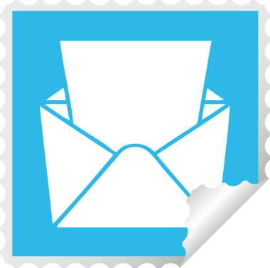 Kare soyma etiketi, garip bir karikatür mektubu ve bir insan tarafından çizilmiş bir zarf.