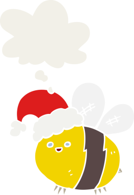 Bir insan tarafından çizilmiş düşünce baloncuklu Noel şapkası takan sevimli çizgi film arısı.