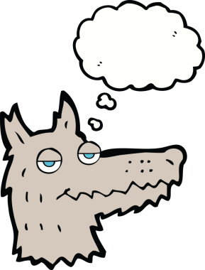 Bir insan tarafından çizilmiş düşünce balonlu bir kurt kafası.