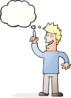 Bir insan tarafından çizilmiş düşünce baloncuğu olan yeni harika bir fikri olan çizgi film adamı.