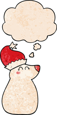 Bir insan tarafından çizilmiş grunge desenli düşünce baloncuklu noel şapkası takan çizgi film ayısı.