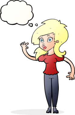 Bir insan tarafından çizilmiş düşünce baloncuğuyla el sallayan güzel bir kadın.