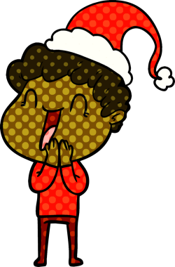 Bir insan tarafından çizilmiş Noel Baba şapkası giyen mutlu bir adamın el çizimi çizgi roman tasviri.