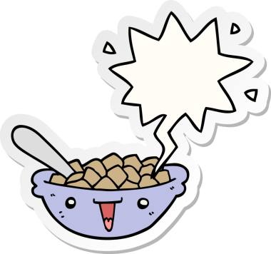 Bir insan tarafından çizilmiş konuşma kabarcığı etiketli şirin bir mısır gevreği kasesi.