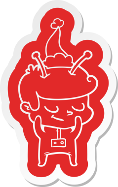 Bir insan tarafından çizilmiş Noel Baba şapkası giyen bir uzay adamının utangaç çizgi film çıkartması.