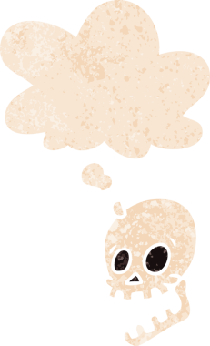 Gülen kafatası karikatürü. Düşünce baloncuğu ve grunge dertli eski moda bir insan tarafından çizilmiş.