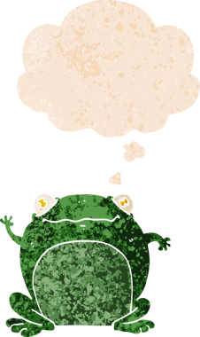 Düşünce baloncuğu ile çizgi film kurbağası grunge sıkıntılı retro dokuma tarzı bir insan tarafından çizilmiş