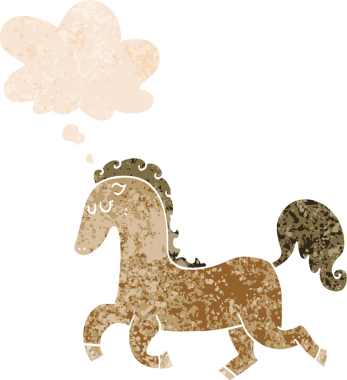 Düşünce baloncuğuyla koşan çizgi film atı bir insan tarafından çizilmiş dertli retro dokuma tarzı