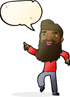 Çizgi filmdeki sakallı adam gülüyor ve bir insan tarafından çizilmiş konuşma balonuyla işaret ediyor.