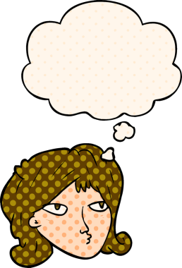 Çizgi roman tarzında bir insan tarafından çizilmiş düşünce balonu olan karikatür kadın.