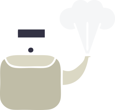 Bir insan tarafından çizilen dumanı tüten bir çaydanlığın düz renkli retro karikatürü