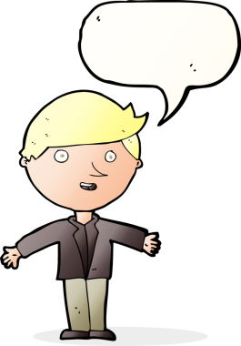 Bir insan tarafından çizilmiş konuşma balonu olan sıradan ceketli bir karikatür adamı.