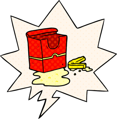 Çizgi roman tarzında bir insan tarafından çizilmiş içi boş patates kızartması kutusu.