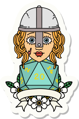 Bir insan tarafından çizilmiş doğal 20 D20 ruloya sahip bir insan dövüşçüsünün çıkartması.