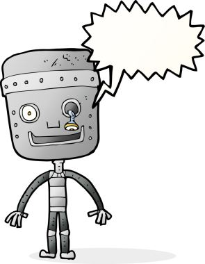 Bir insan tarafından çizilmiş konuşma balonlu komik robot.