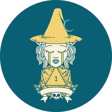 Retro Dövme Tarzı Ağlayan Elf Büyücüsü Karakteri Bir insan tarafından çizilmiş doğal bir zar ile